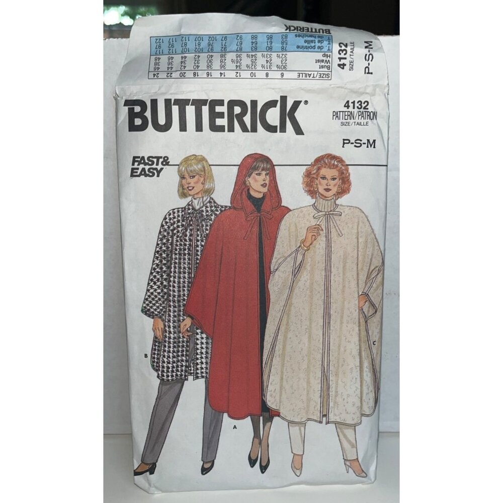 Cape Sewing Pattern 4132 Butterick Cut 3 Styles Vintage 1986 Womens Outerwear - Picture 1 of 3